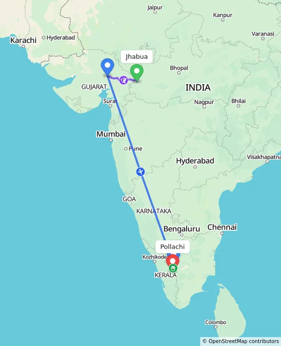 Route map showing distance and travel time from Jhabua, India to Pollachi, India