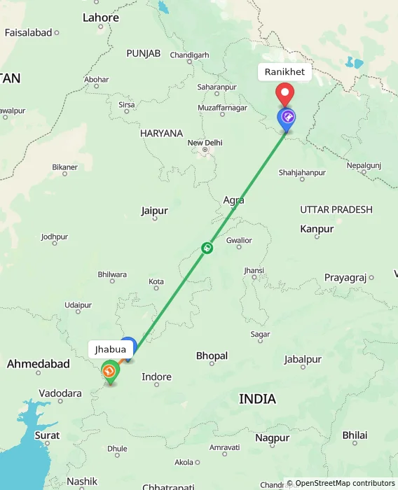 Route map showing distance and travel time from Jhabua, India to Ranikhet, India
