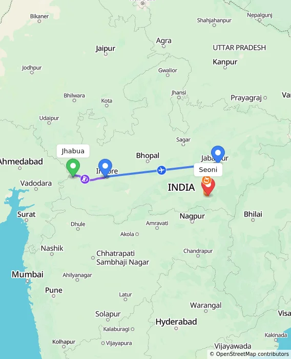 Route map showing distance and travel time from Jhabua, India to Seoni, India
