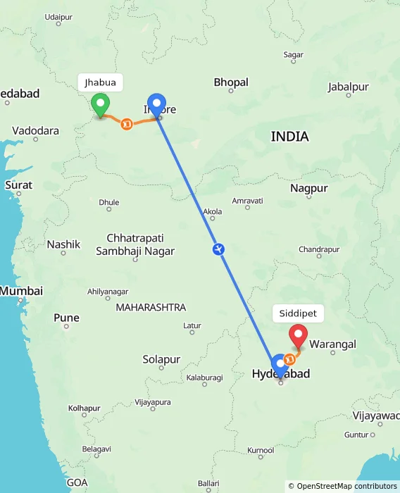 Route map showing distance and travel time from Jhabua, India to Siddipet, India