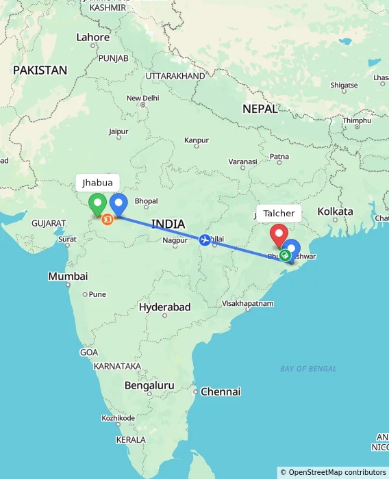 Route map showing distance and travel time from Jhabua, India to Talcher, India