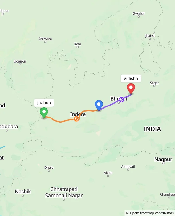 Route map showing distance and travel time from Jhabua, India to Vidisha, India