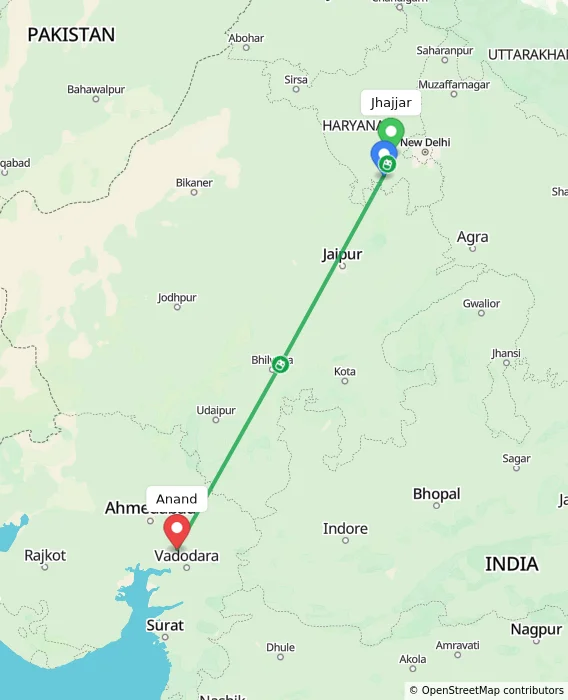 Route map showing distance and travel time from Jhajjar, India to Anand, India