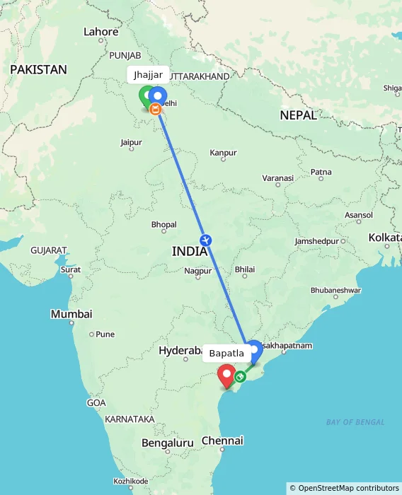 Route map showing distance and travel time from Jhajjar, India to Bapatla, India