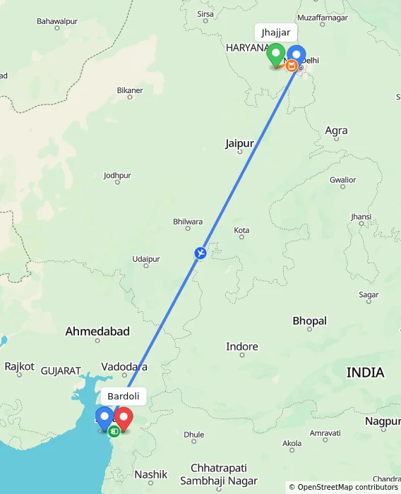 Route map showing distance and travel time from Jhajjar, India to Bardoli, India