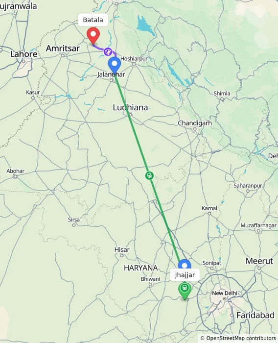 Route map showing distance and travel time from Jhajjar, India to Batala, India