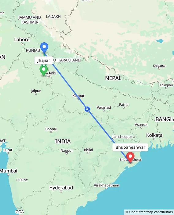 Route map showing distance and travel time from Jhajjar, India to Bhubaneshwar, India