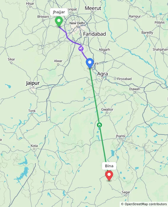Route map showing distance and travel time from Jhajjar, India to Bina, India