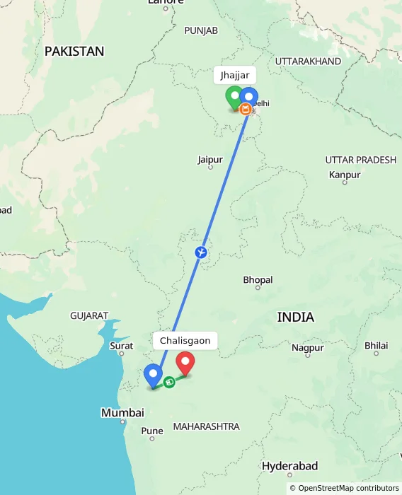 Route map showing distance and travel time from Jhajjar, India to Chalisgaon, India