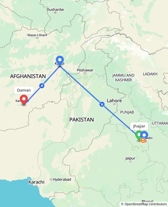 Route map showing distance and travel time from Jhajjar, India to Daman, Afghanistan