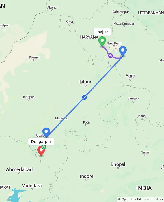 Route map showing distance and travel time from Jhajjar, India to Dungarpur, India