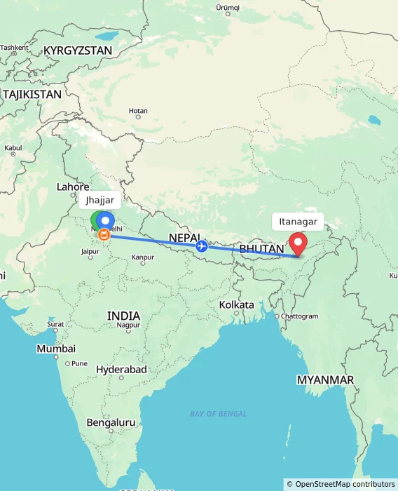 Route map showing distance and travel time from Jhajjar, India to Itanagar, India