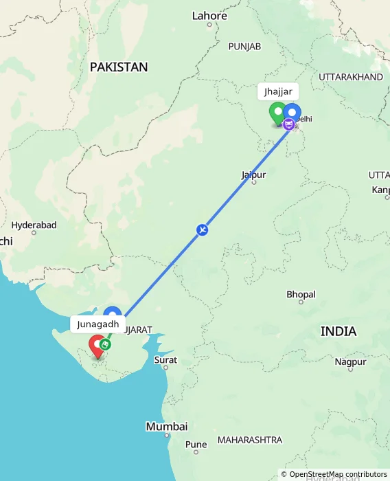 Route map showing distance and travel time from Jhajjar, India to Junagadh, India