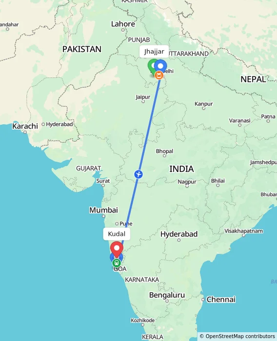 Route map showing distance and travel time from Jhajjar, India to Kudal, India