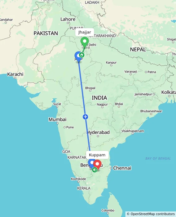 Route map showing distance and travel time from Jhajjar, India to Kuppam, India