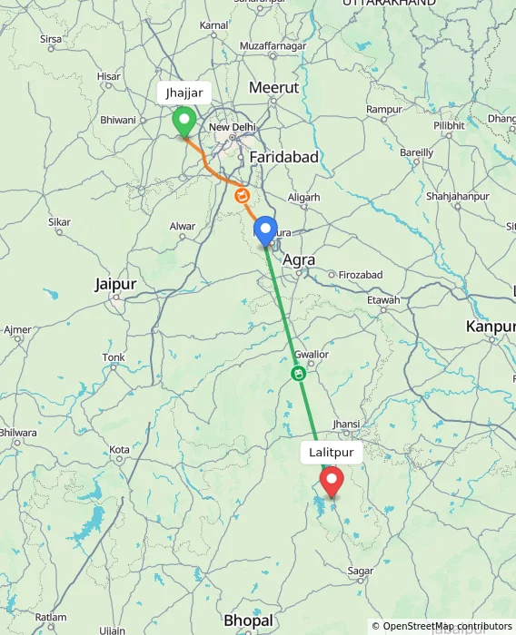 Route map showing distance and travel time from Jhajjar, India to Lalitpur, India