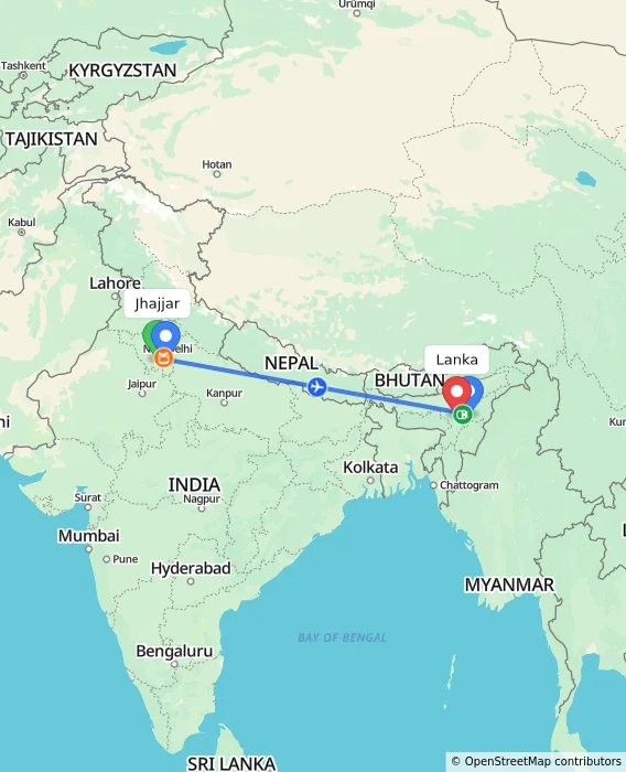 Route map showing distance and travel time from Jhajjar, India to Lanka, India