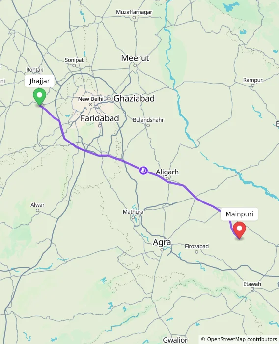 Route map showing distance and travel time from Jhajjar, India to Mainpuri, India