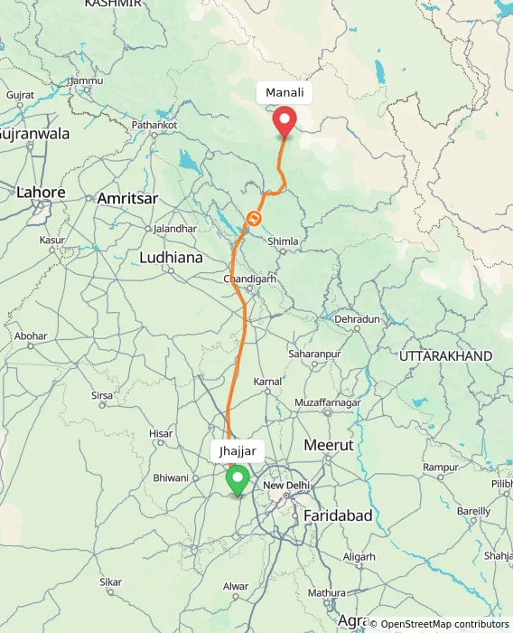 Route map showing distance and travel time from Jhajjar, India to Manali, India