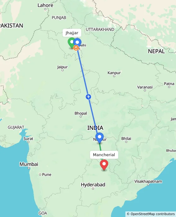 Route map showing distance and travel time from Jhajjar, India to Mancherial, India