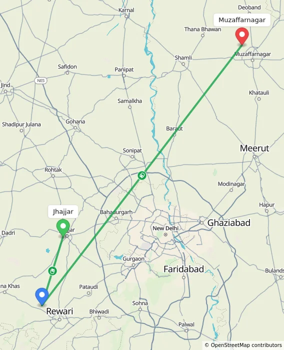 Route map showing distance and travel time from Jhajjar, India to Muzaffarnagar, India