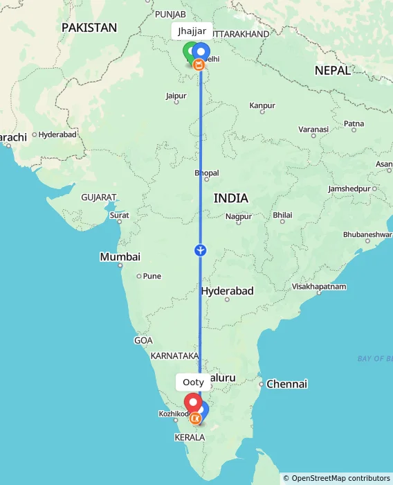 Route map showing distance and travel time from Jhajjar, India to Ooty, India