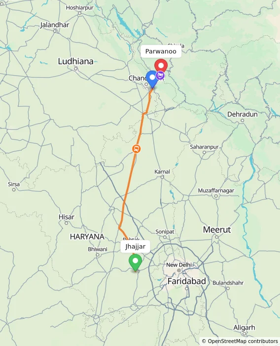 Route map showing distance and travel time from Jhajjar, India to Parwanoo, India