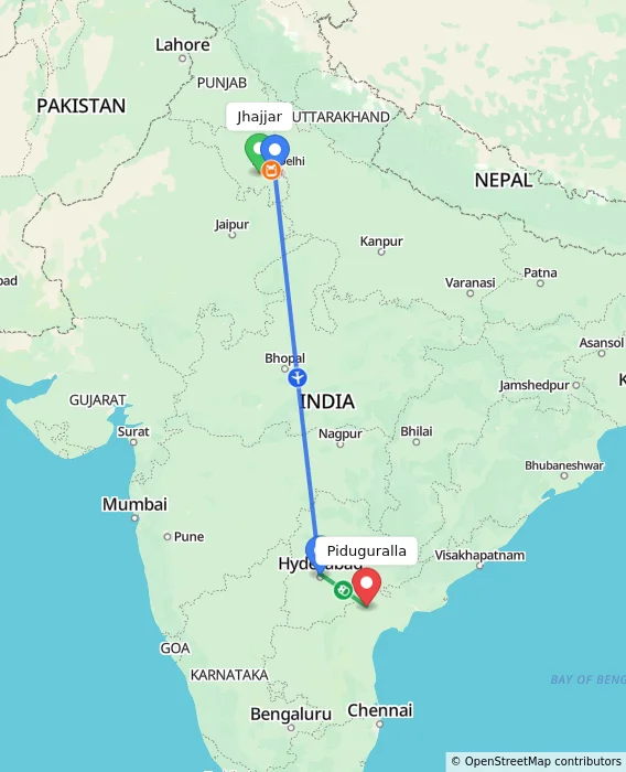 Route map showing distance and travel time from Jhajjar, India to Piduguralla, India
