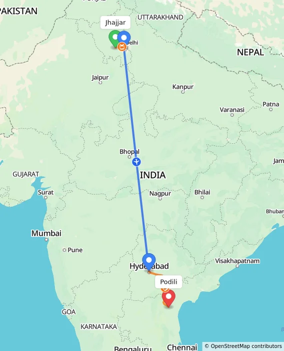 Route map showing distance and travel time from Jhajjar, India to Podili, India
