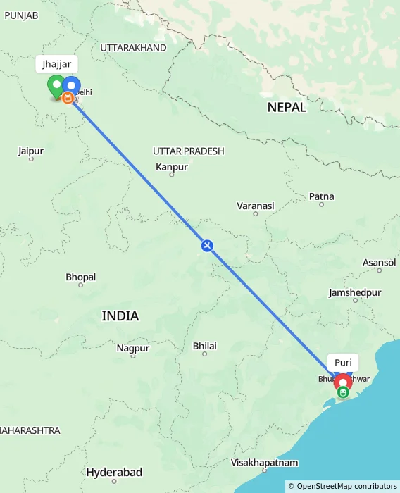 Route map showing distance and travel time from Jhajjar, India to Puri, India