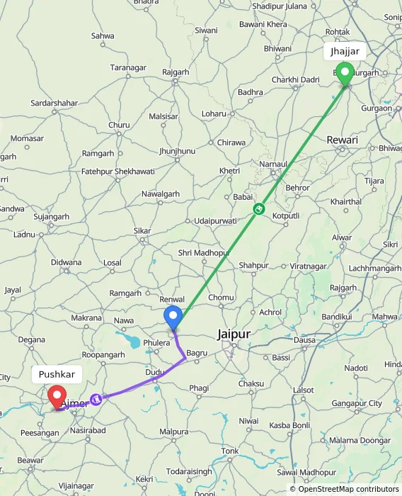 Route map showing distance and travel time from Jhajjar, India to Pushkar, India