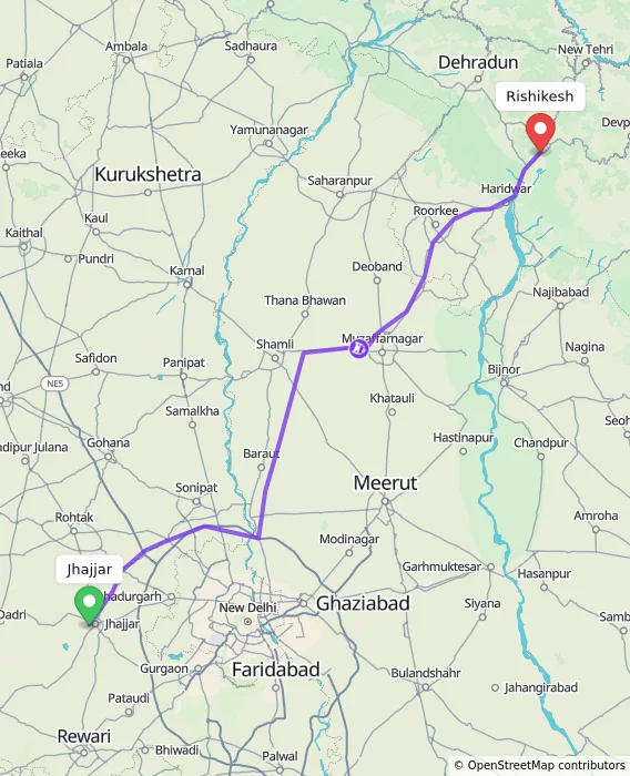 Route map showing distance and travel time from Jhajjar, India to Rishikesh, India