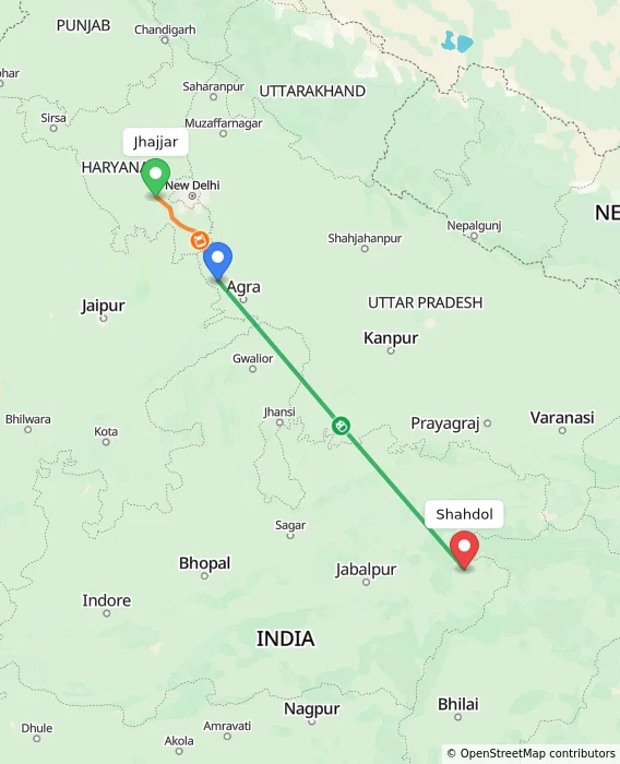 Route map showing distance and travel time from Jhajjar, India to Shahdol, India