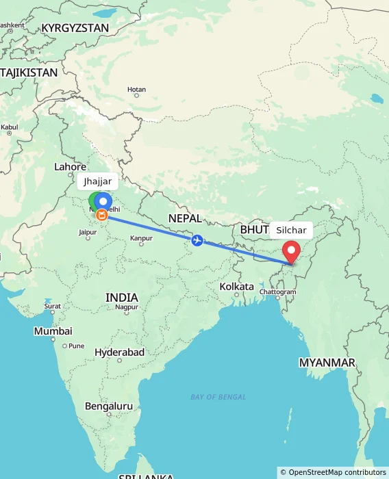 Route map showing distance and travel time from Jhajjar, India to Silchar, India