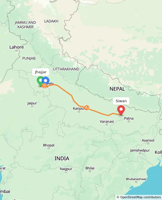 Route map showing distance and travel time from Jhajjar, India to Siwan, India