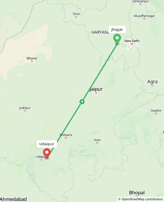 Route map showing distance and travel time from Jhajjar, India to Udaipur, India