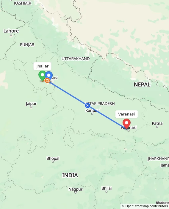 Route map showing distance and travel time from Jhajjar, India to Varanasi, India