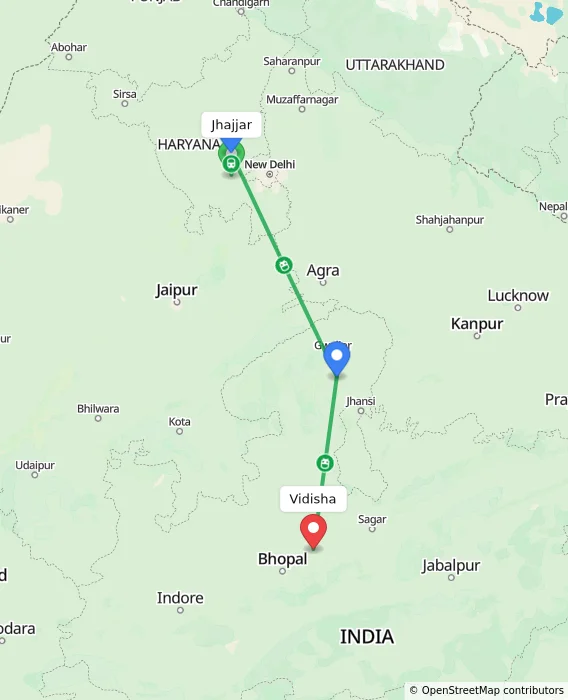 Route map showing distance and travel time from Jhajjar, India to Vidisha, India