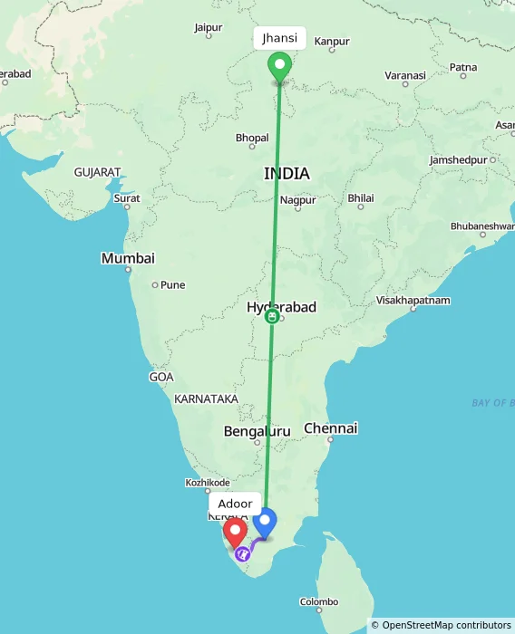 Route map showing distance and travel time from Jhansi, India to Adoor, India