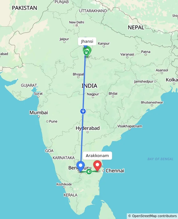 Route map showing distance and travel time from Jhansi, India to Arakkonam, India