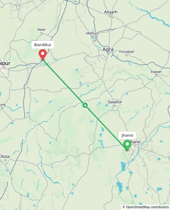 Route map showing distance and travel time from Jhansi, India to Bandikui, India