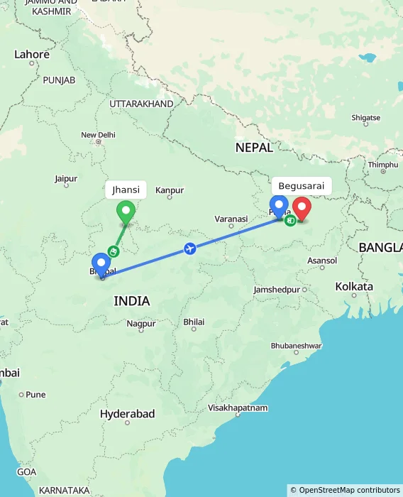 Route map showing distance and travel time from Jhansi, India to Begusarai, India