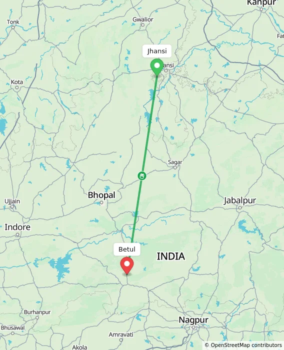 Route map showing distance and travel time from Jhansi, India to Betul, India