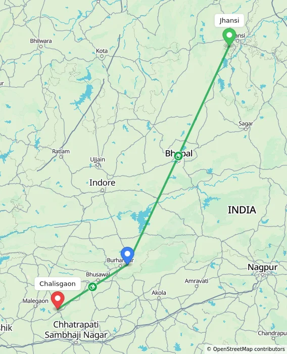 Route map showing distance and travel time from Jhansi, India to Chalisgaon, India