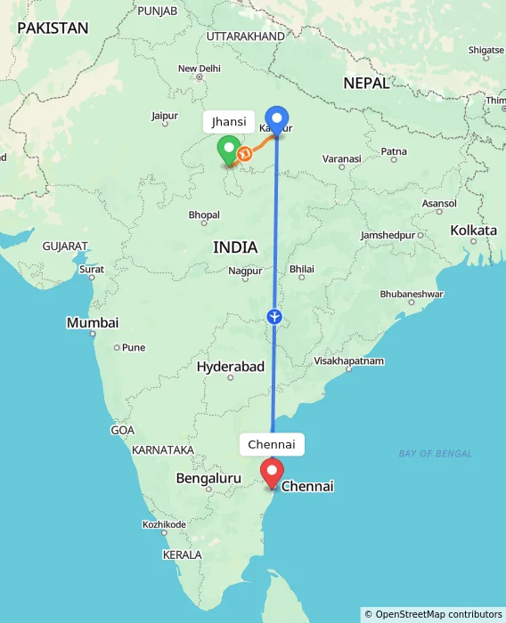 Route map showing distance and travel time from Jhansi, India to Chennai, India