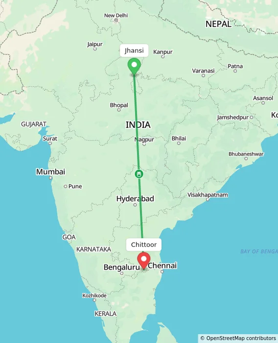 Route map showing distance and travel time from Jhansi, India to Chittoor, India