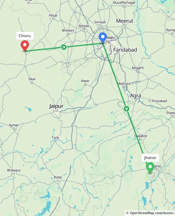 Route map showing distance and travel time from Jhansi, India to Churu, India