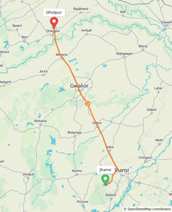 Route map showing distance and travel time from Jhansi, India to Dholpur, India