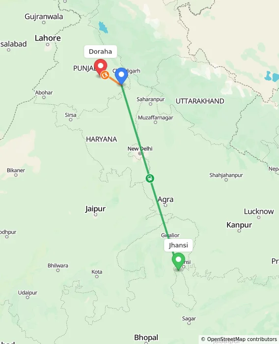 Route map showing distance and travel time from Jhansi, India to Doraha, India
