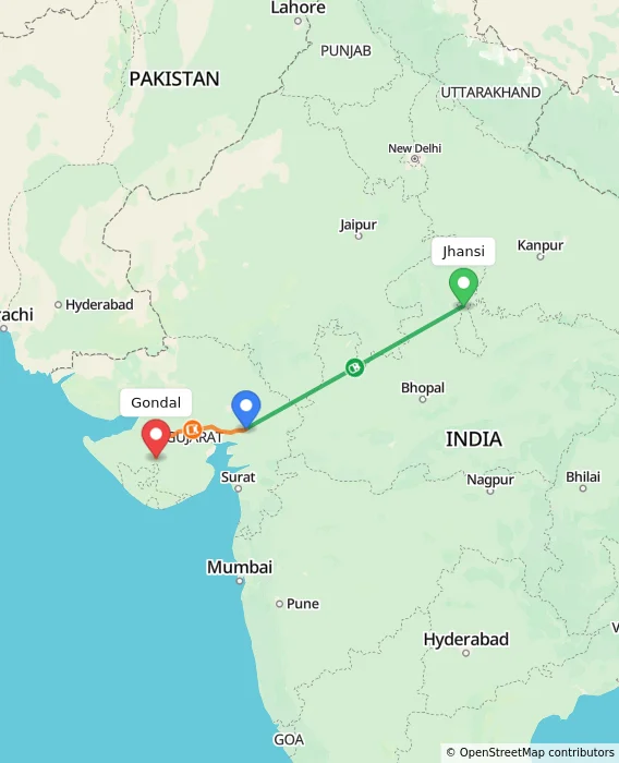 Route map showing distance and travel time from Jhansi, India to Gondal, India